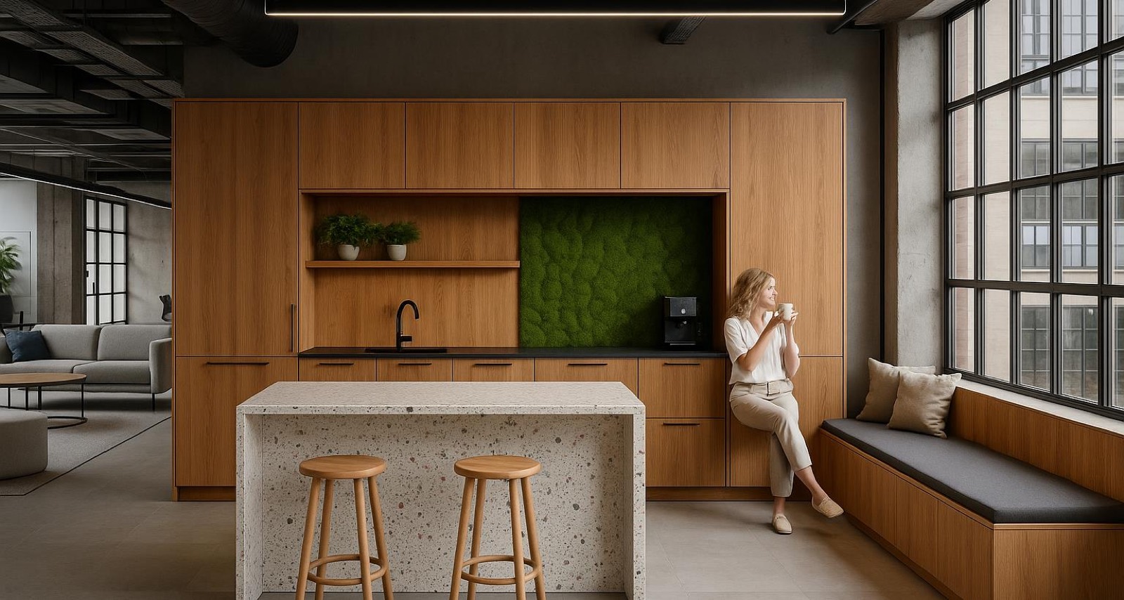 Maßgefertigte Büro-Teeküche mit Terrazzo-Insel, Mooswand und Sitzbank